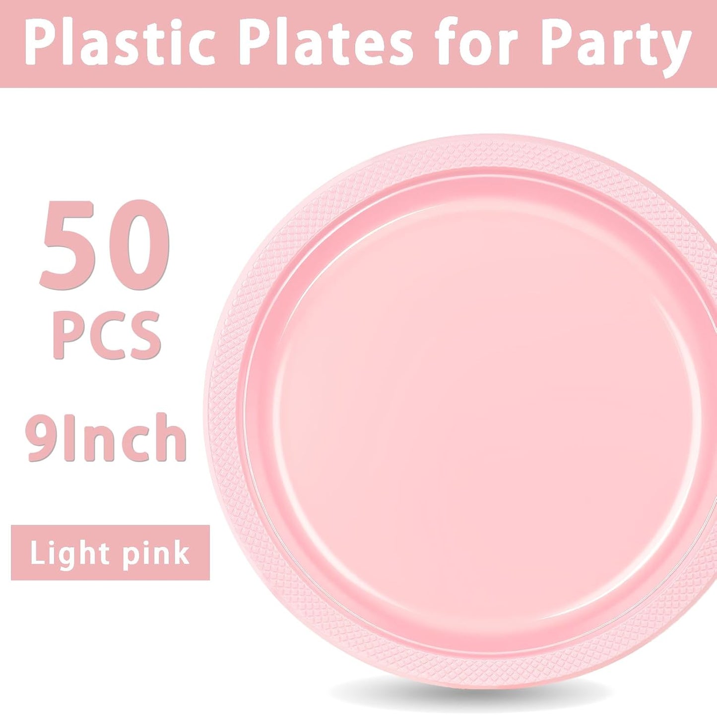WELLIFE 9 Inch Plastic Plates Pink 50 Count Disposable Plate for Party, Dessert Plates for Dinner Cake Salad Supplies Birthday Valentine's Day, Mother's Day