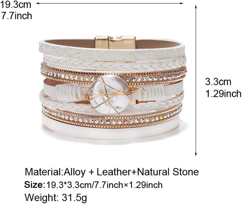 Fesciory Leopard Bracelet for Women, Boho Leather Wrap Multi-Layer Pearl Crystal Bracelet Bangle Jewelry