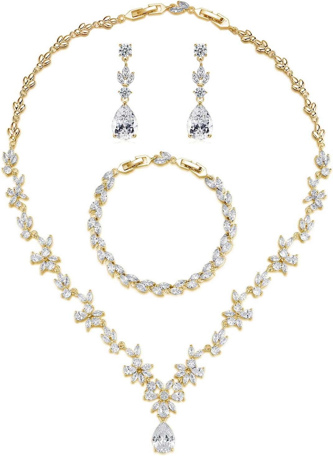 Wedding Jewelry for Bride, Silver Bridal Necklace Earrings Bracelet Set with Clear Cubic Zirconia, Bridemaids Jewelry Set for Wedding, Crystal Wedding Party Jewelry Set for Women Girls