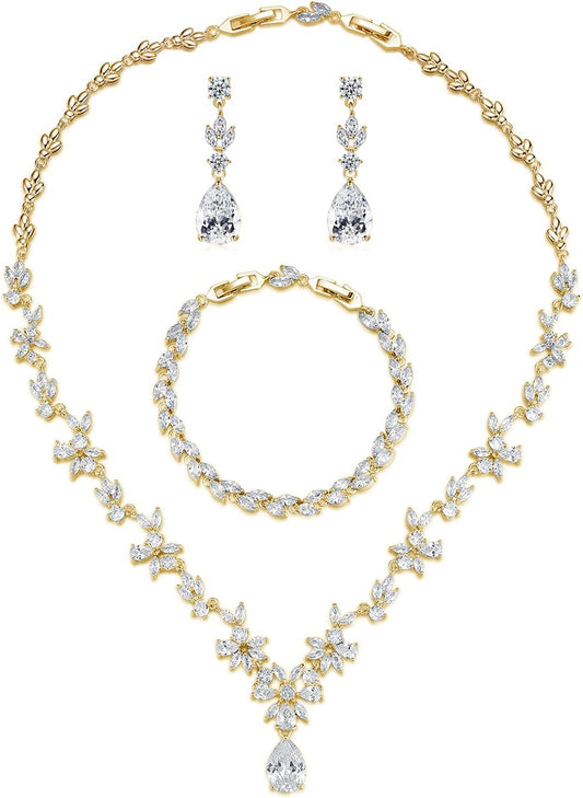 Wedding Jewelry for Bride, Silver Bridal Necklace Earrings Bracelet Set with Clear Cubic Zirconia, Bridemaids Jewelry Set for Wedding, Crystal Wedding Party Jewelry Set for Women Girls