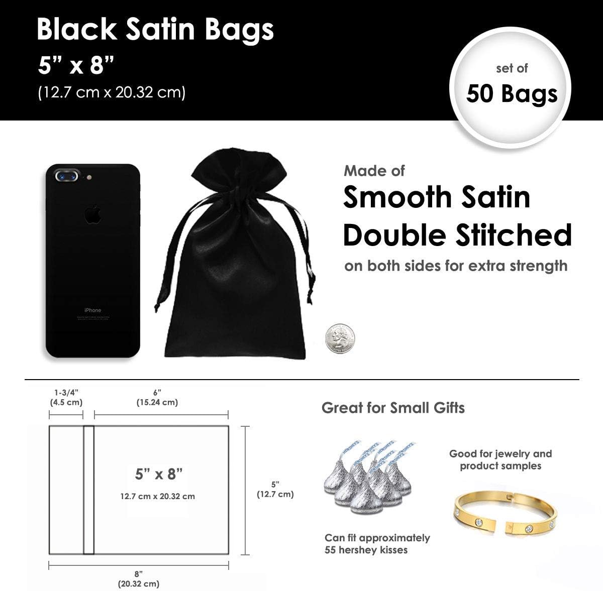 5" x 8" Black Satin Gift Bags, Jewelry Bags, Wedding Favor Drawstring Bags Baby Shower Christmas 50 per Pack
