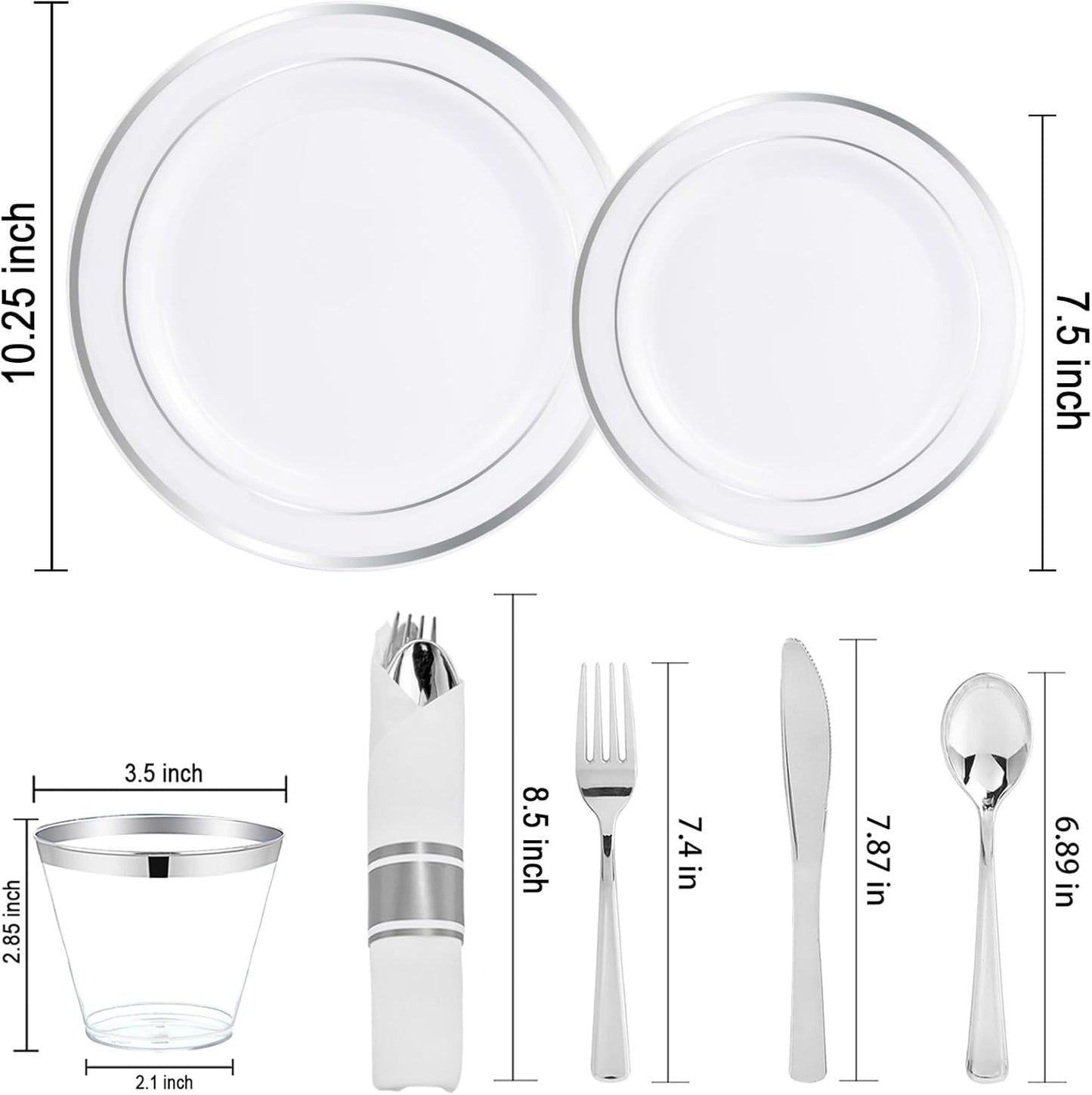 WELLIFE 210 Piece Silver Plastic Dinnerware Set for 30 Guests, Plastic Plates for Party, Include: 30 Dinner Plates, 30 Dessert Plates, 30 Pre Rolled Napkins with Silver Silverware and 30 Silver Cups