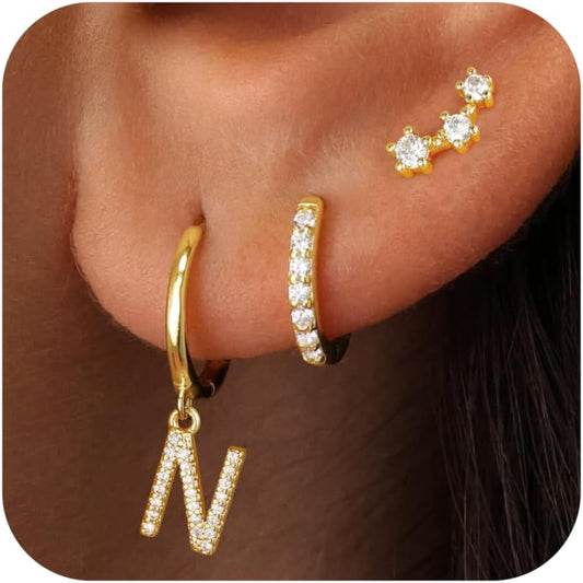 Gold Earrings for Women Girls - 3 Pairs Gold Huggie Hoop Earrings for Girls with Initial Dangle Cartilage Earrings Studs Hypoallergenic Earring Set for Multiple Piercing Gifts for Women Girl