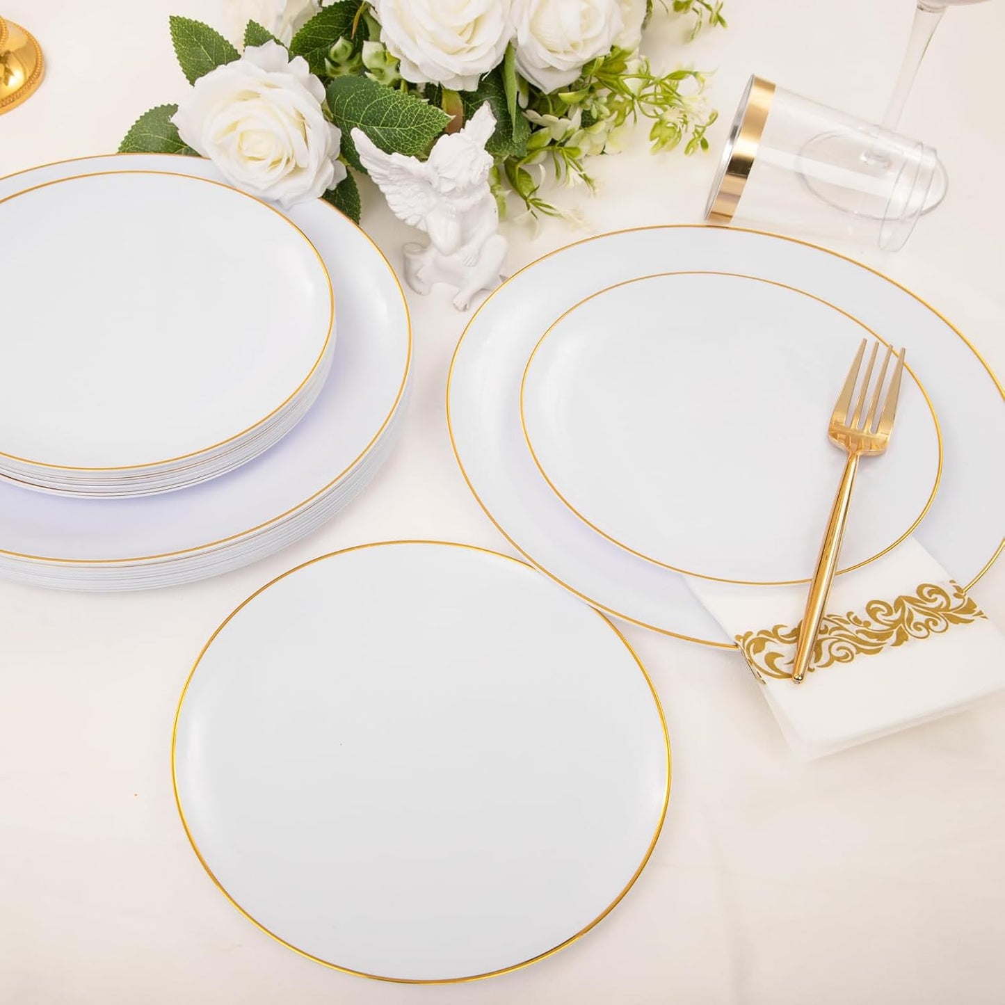 MirthMood 210Pcs Gold Dinnerware Sets, Gold and White Plastic Party Plates, Includes:30 Dinner Plates, 30 Dessert Plates, 30 Paper Towels with 90 Silverware & 30 9oz Cups