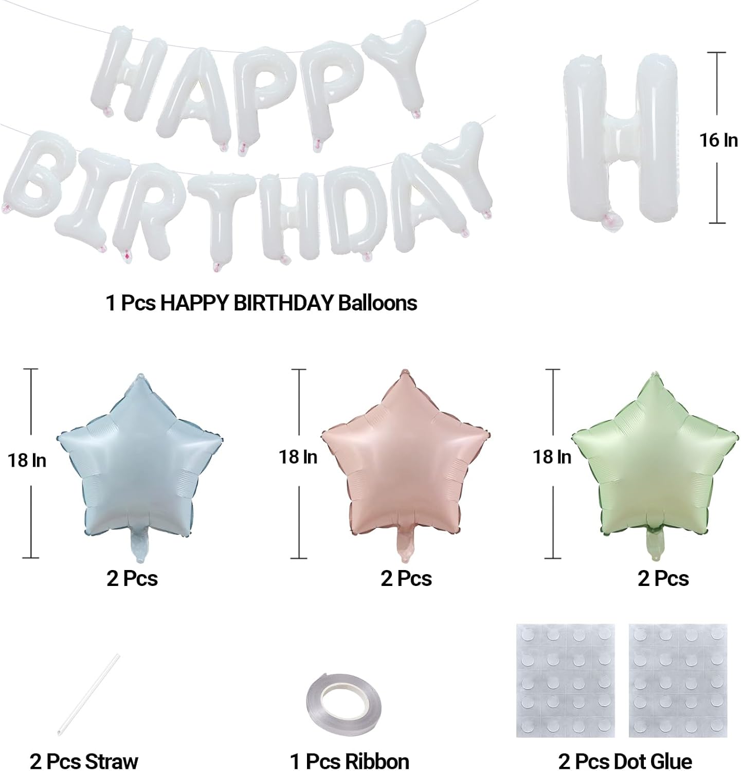 KALOR White Happy Birthday Balloons Kit with16 Inch Mylar Foil Letters Balloon and Star Balloons for Women, Men, Boys & Girls Kids Birthday Decorations Photo Backdrop