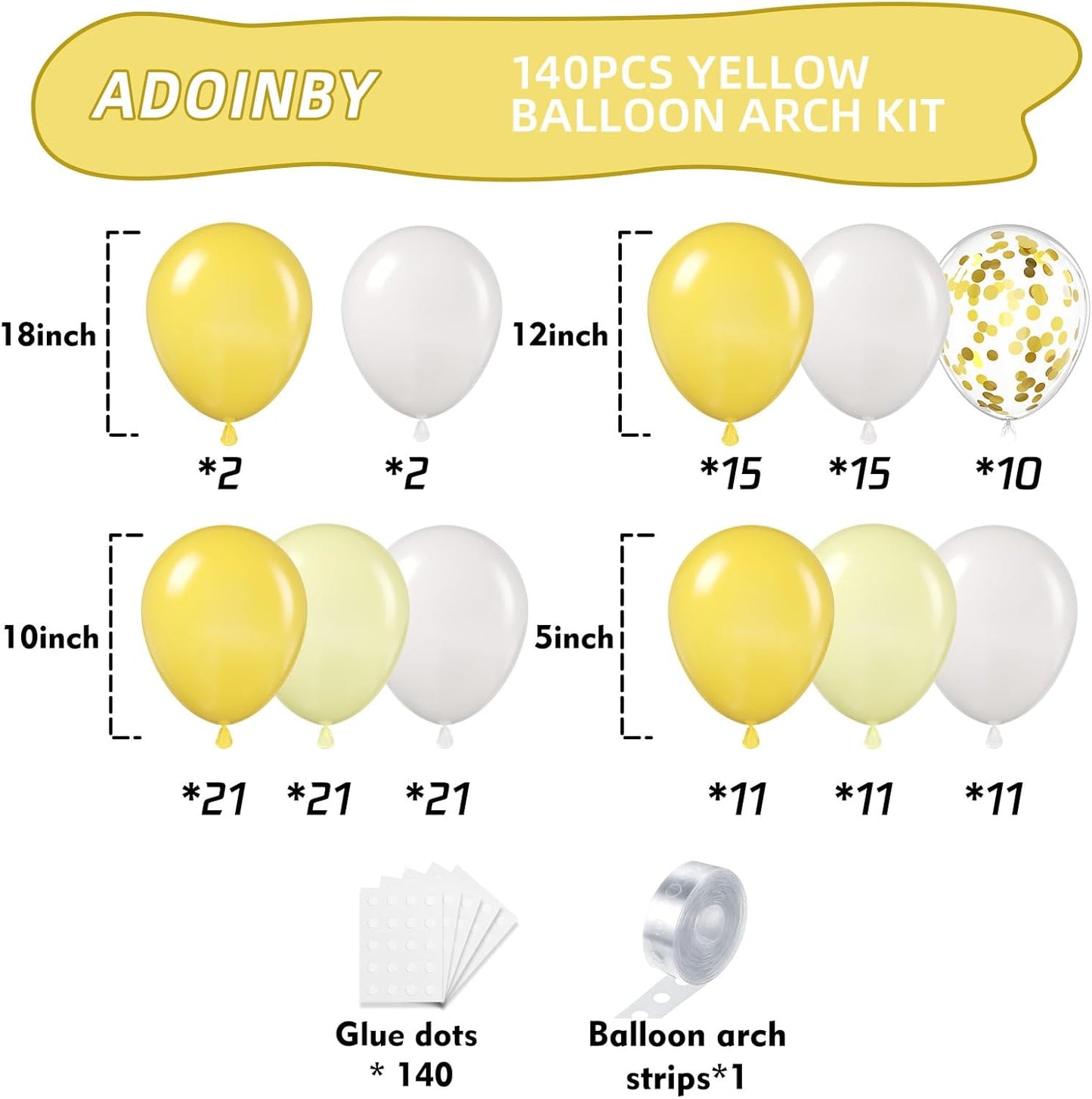 Yellow Balloon Arch Kit, 140Pcs Pastel Yellow White and Gold Confetti Balloons Different Size Balloon for Baby Shower Gender Reveal Birthday Wedding Sunflower Honey Bee Theme Party Decorations