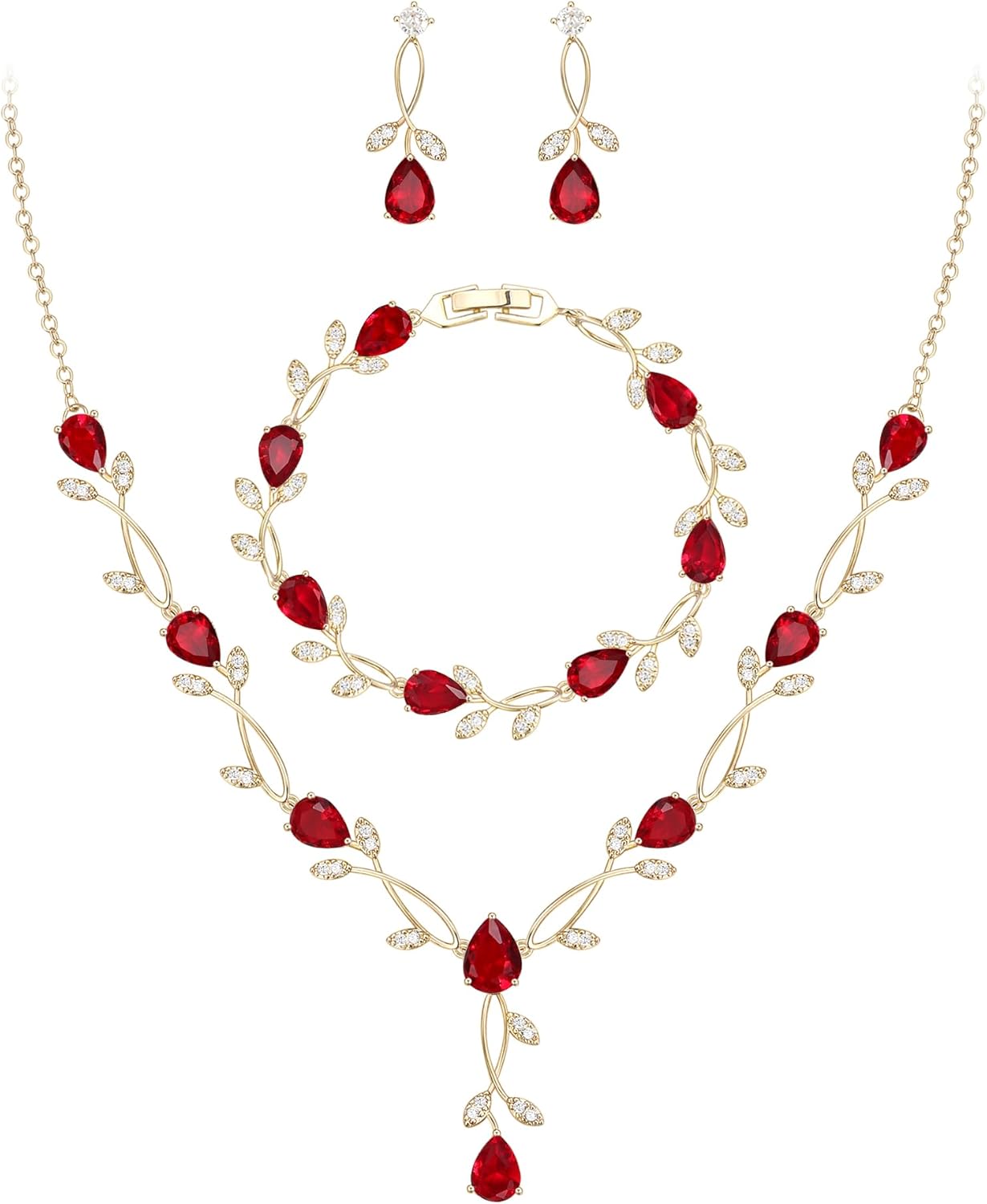 EVER FAITH Bridal Cubic Zirconia Jewelry Sets for Women, White Simulated Pearl Leaf Vine Pendant Wedding Party Necklace Earrings Set for Bridesmaid Bride