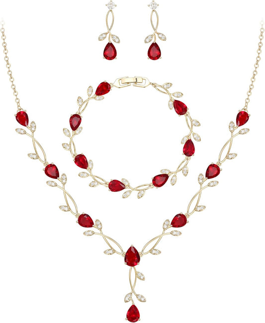 EVER FAITH Bridal Cubic Zirconia Jewelry Sets for Women, White Simulated Pearl Leaf Vine Pendant Wedding Party Necklace Earrings Set for Bridesmaid Bride