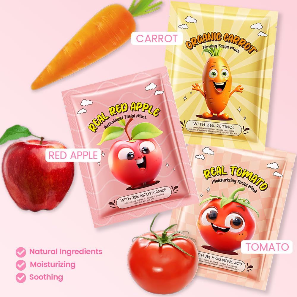 Kaely 6 Pack Fruit Face Masks for Kids, Kids Face Mask Spa Day Kit Supplies, Spa Party Favors for Teens Girls Women, Sheet Facial Mask Skincare Gifts Set, Moisturize Soothe for All Skin Types, 02