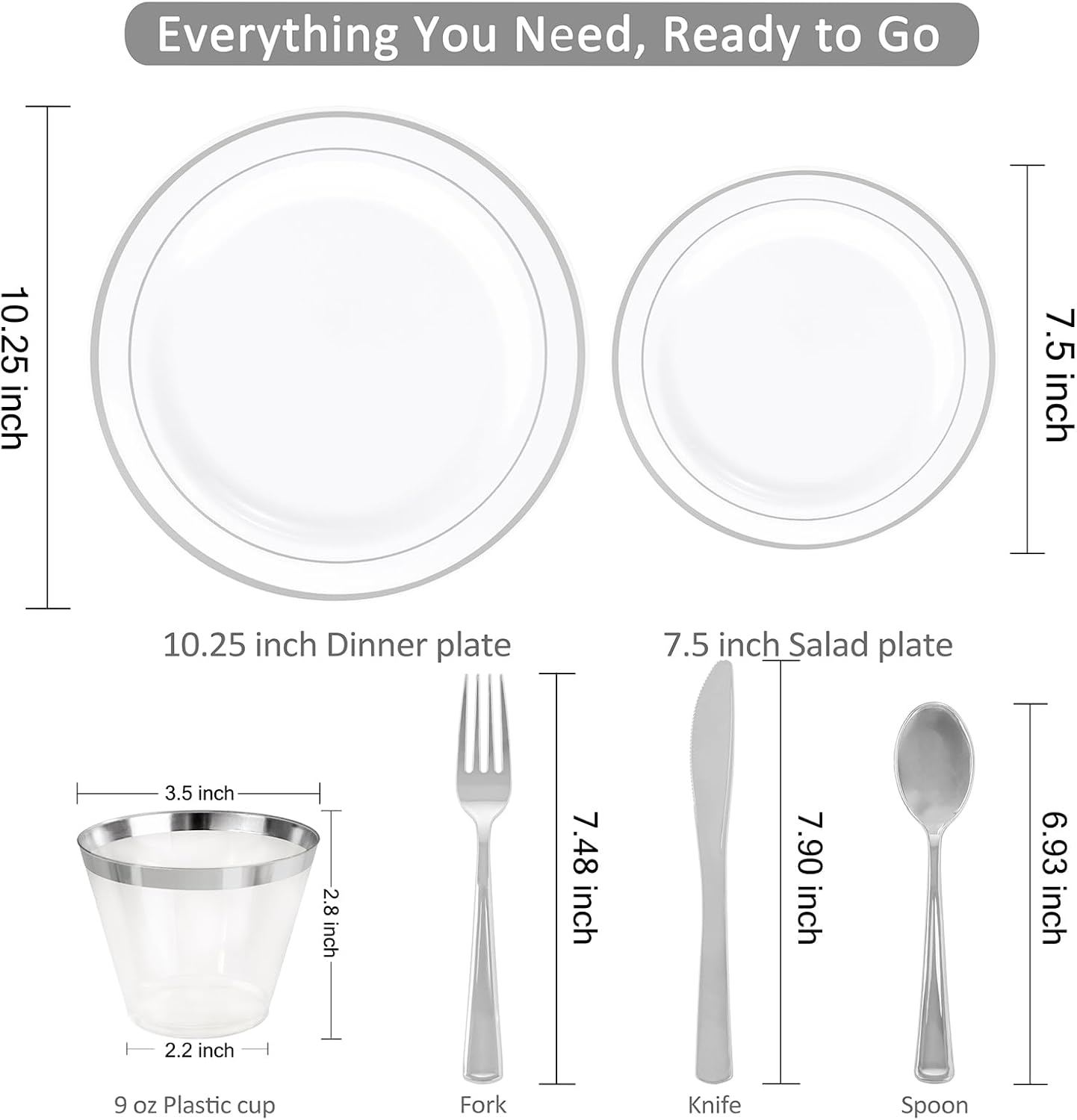 WELLIFE 350-Piece Silver Plastic Dinnerware Set - Disposable 10.25" Dinner Plates, 7.5" Dessert Plates, 9oz Silver Rim Cups & Cutlery for Weddings - 50 Guest Service - Elegant Disposable Silverware