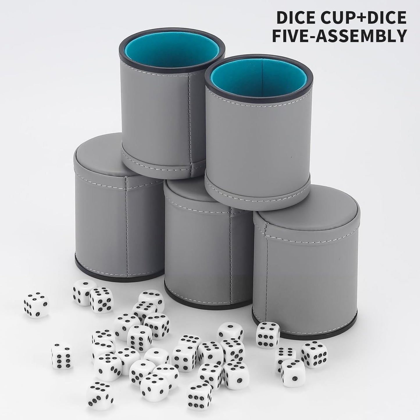 5 Pack PU Leather Dice Cups Velvet Felt-Lined Shaker Cups with 30 Dot Dice for Bar Party Yahtzee Farkle Dice Games, Grey