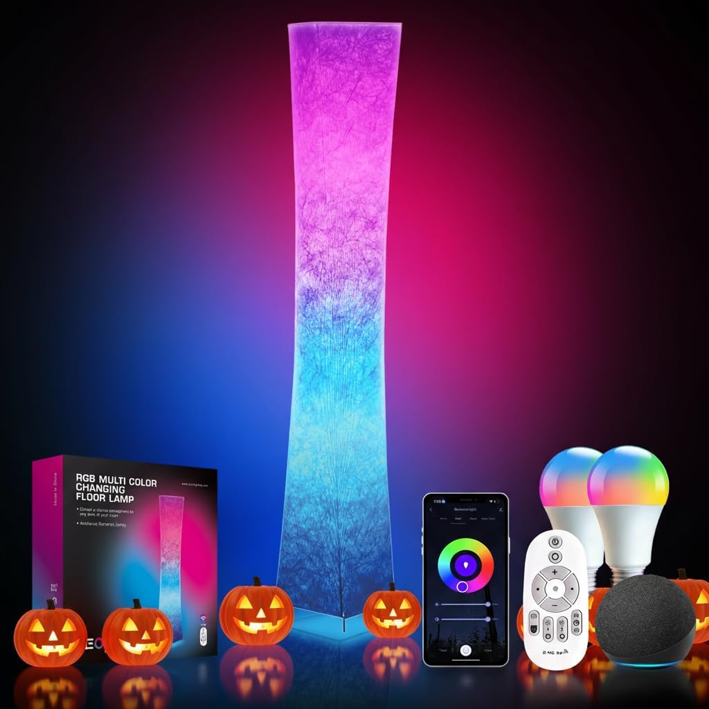 LEONC RGB+CCT Floor Lamp with Remote, 1800lm LED Tuya Smart 9W×2 Bulbs, 61" Smart Modern Floor Lamp with Alexa, Music Sync and 16 Million Colors, Color Changing Standing Lamp for Bedroom Living Room