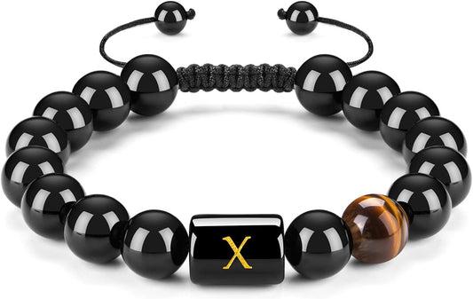 FRG Initials Bracelets for Men Letter Link Handmade Natural Black Onyx Tiger Eye Stone Beads Braided Rope Meaningful Bracelet