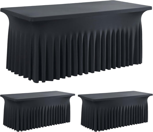 leegleri Black Spandex Table Clothes for 8 Foot Rectangle Tables, 2 Pack Wrinkle Free Rectangle Table Cloth 8ft Stretch Fitted Tablecloths with Skirt for Parties Weddings Birthday Banquet Baby Shower