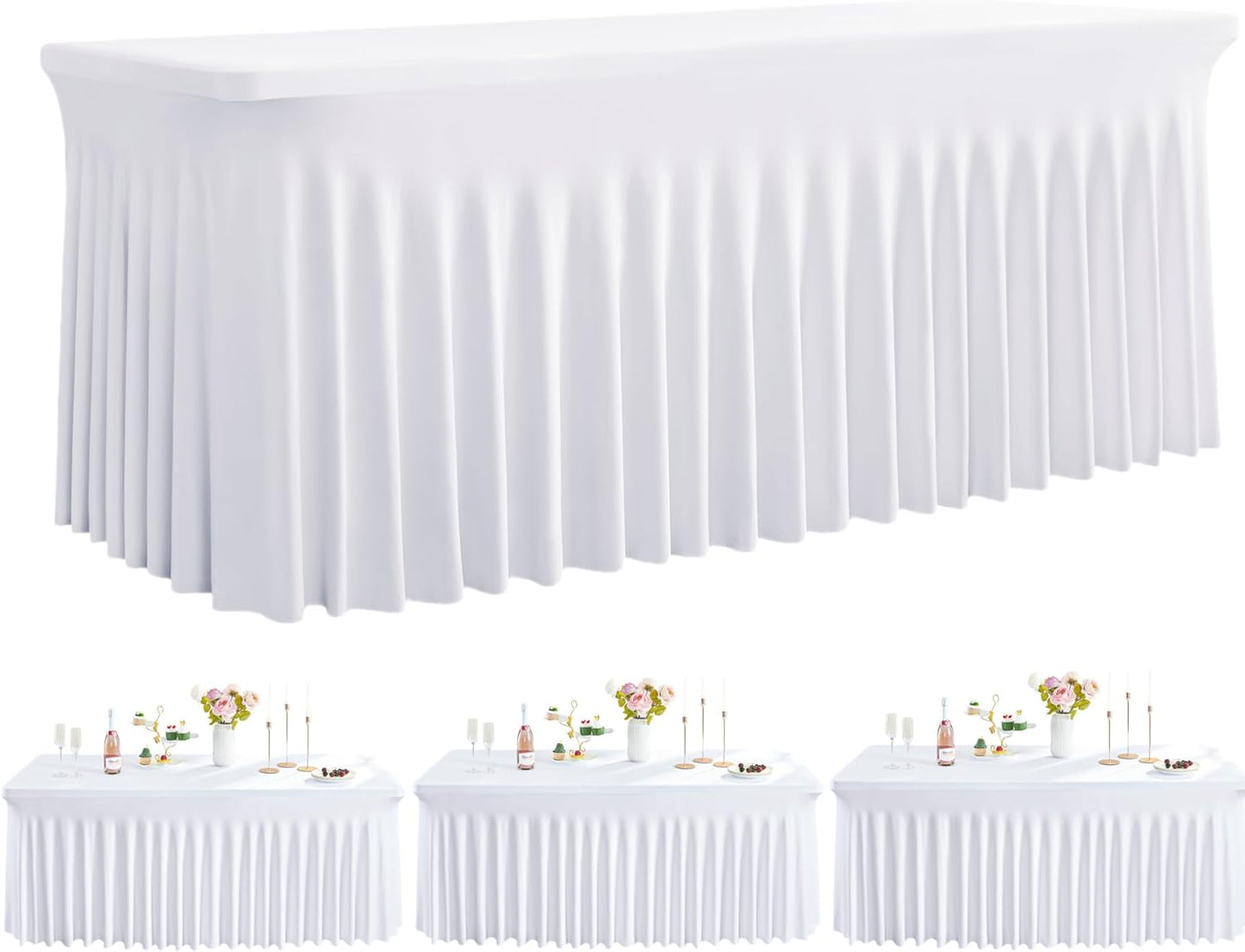 Outpain White Spandex Table Clothes for 8 Foot Rectangle Tables-3Pack 8FT Spandex Fitted Table Cover, Wrinkle Free Tablecloths with Skirt for Parties, Wedding, Birthday, Banquet, Festival