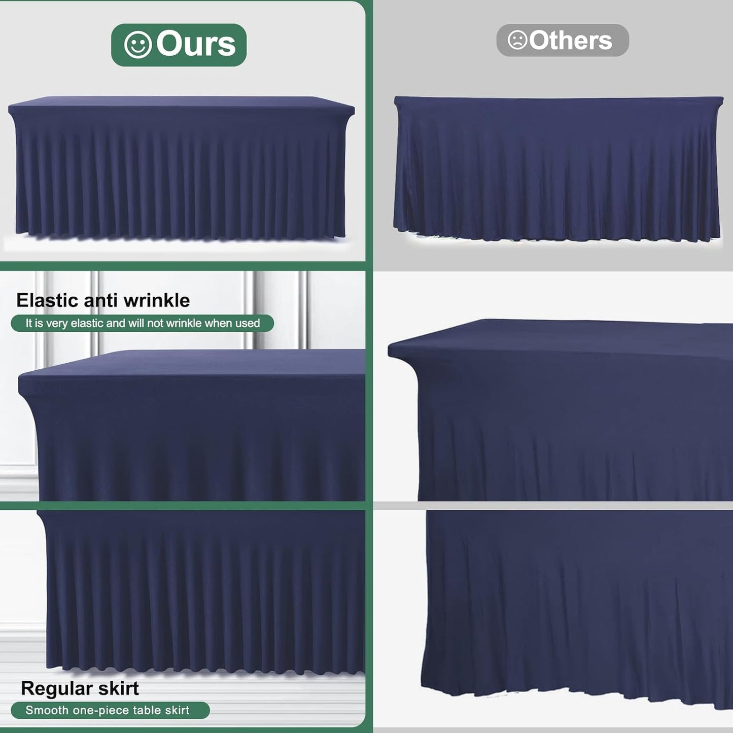 Table Skirts for Rectangle Tables 8ft - One-Piece Navy Blue Tablecloths and Skirt, Wrinkle Resistant Ruffles Elastic Cover for Banquets, Weddings, Events, Parties