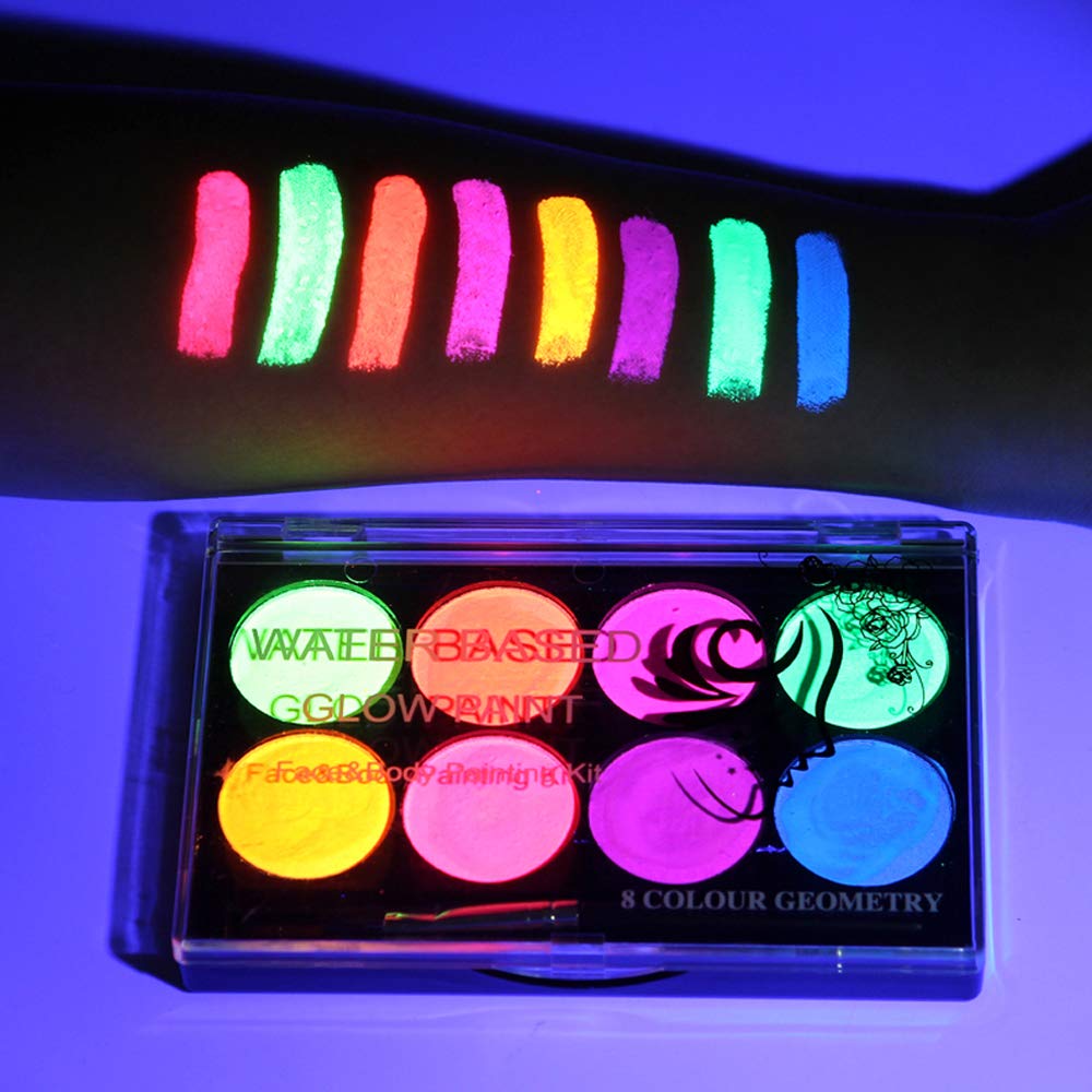 UV Face Paint Kit, Glow In The Dark Paint, Neon Fluorescent Body Painting 8 Colors Professional Brush,Water Based Black Lights Makeup for Kids Adults,Halloween Party Supplies,Projects Costumes Theater