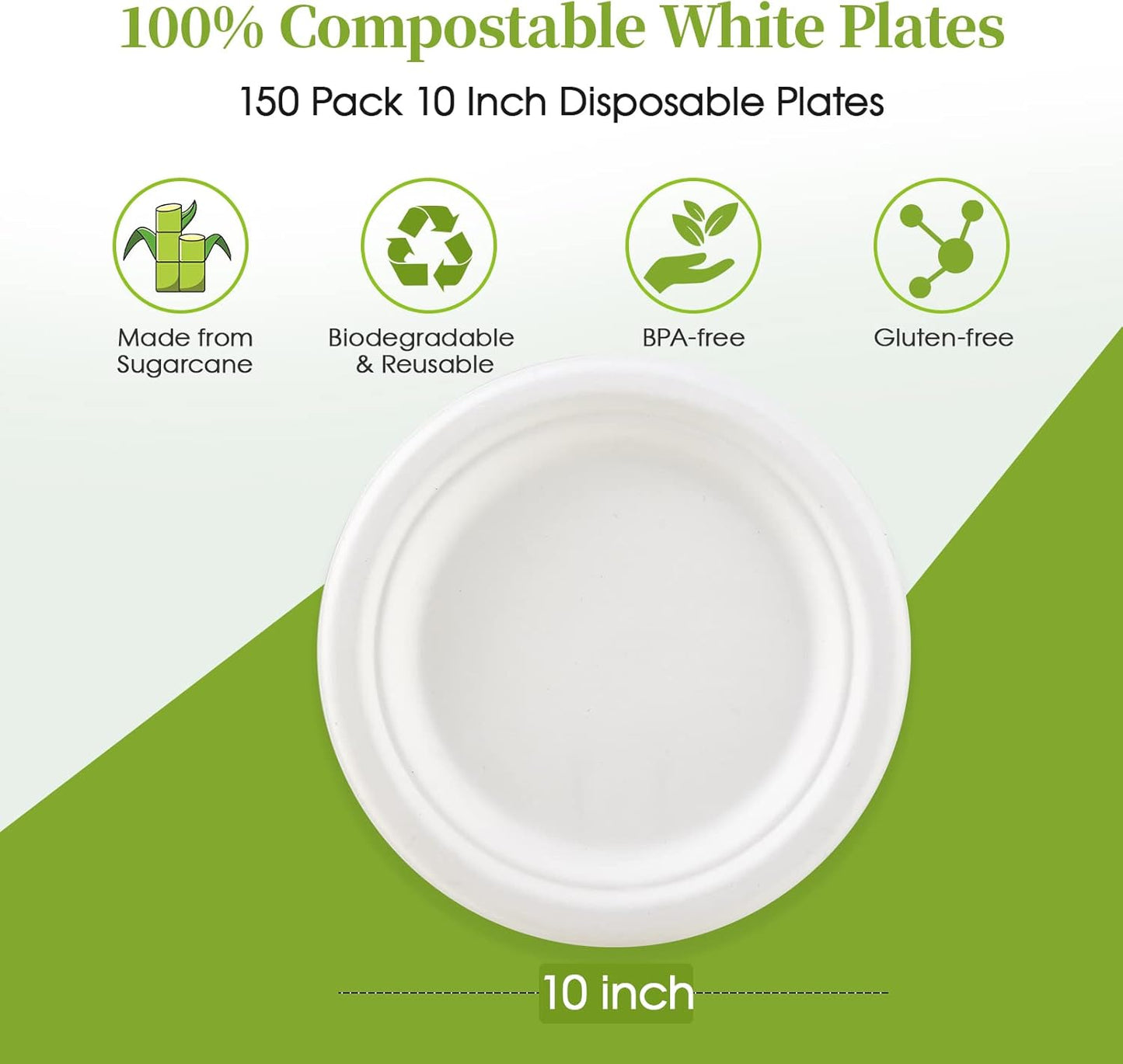 ECOLipak 100% Compostable 10 Inch Heavy Duty Paper Plates, 150 Pack Disposable Biodegradable Eco-friendly Sugarcane Bagasse Plates for Thanksgiving Party(White)
