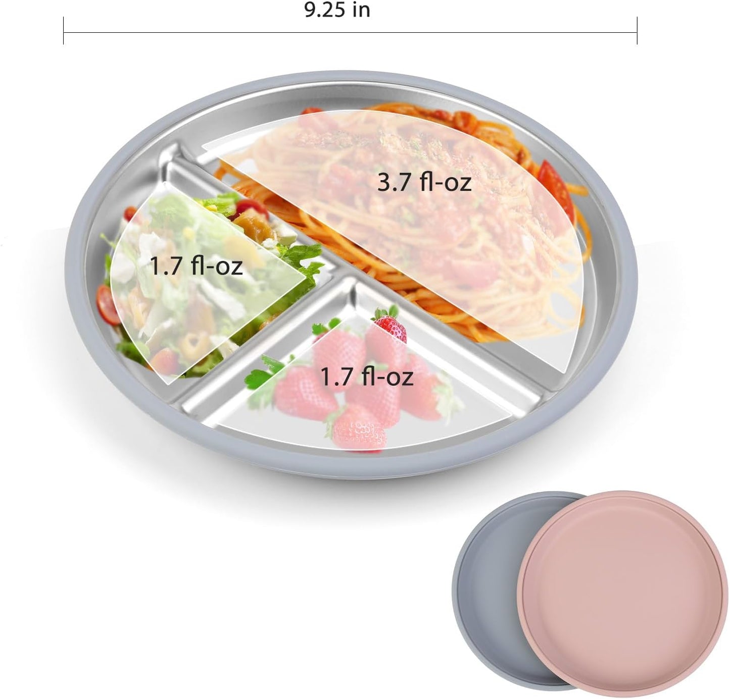 ShineMe Stainless Steel Kids Plates 2 Pack, 9”Suction Plates for Baby with Removable Colored Silicone Sleeves, Unbreakable Toddler Divided Plate Non Toxic for Snack, Meal...