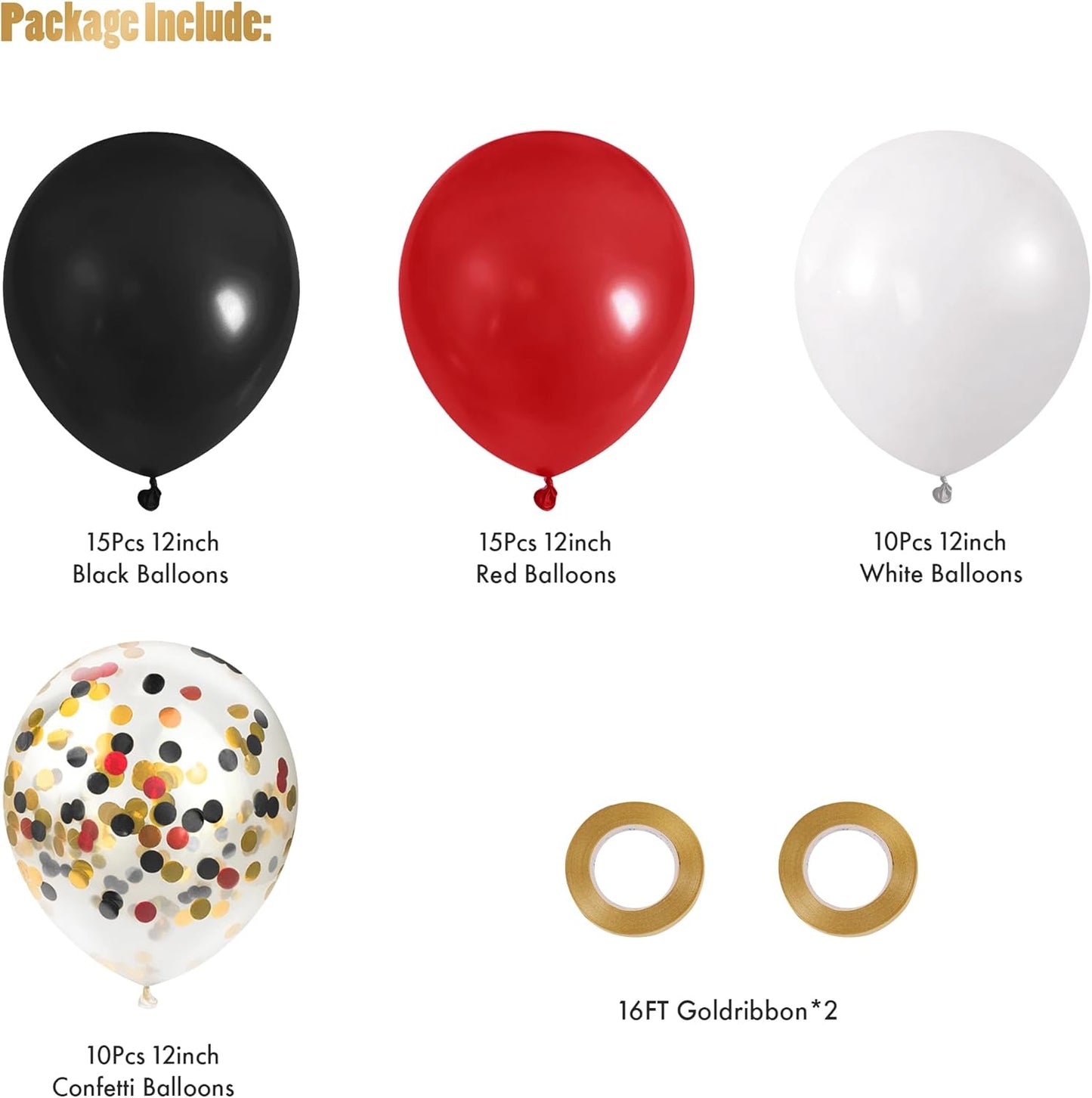 CANREVEL 50pcs 12 Inches Black Red Confetti Balloons Kit, Black Red White Party Balloons with Ribbons for Birthday, Wedding, Baby Shower, Graduation Decorations