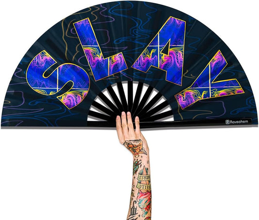 UV Glow Rave Fan, Bamboo Folding Clack Hand Fans Foldable for Men Women, Boots on the Ground Poping Fan for EDM Festival Line Dance Decoration, (Slay, Large 13")