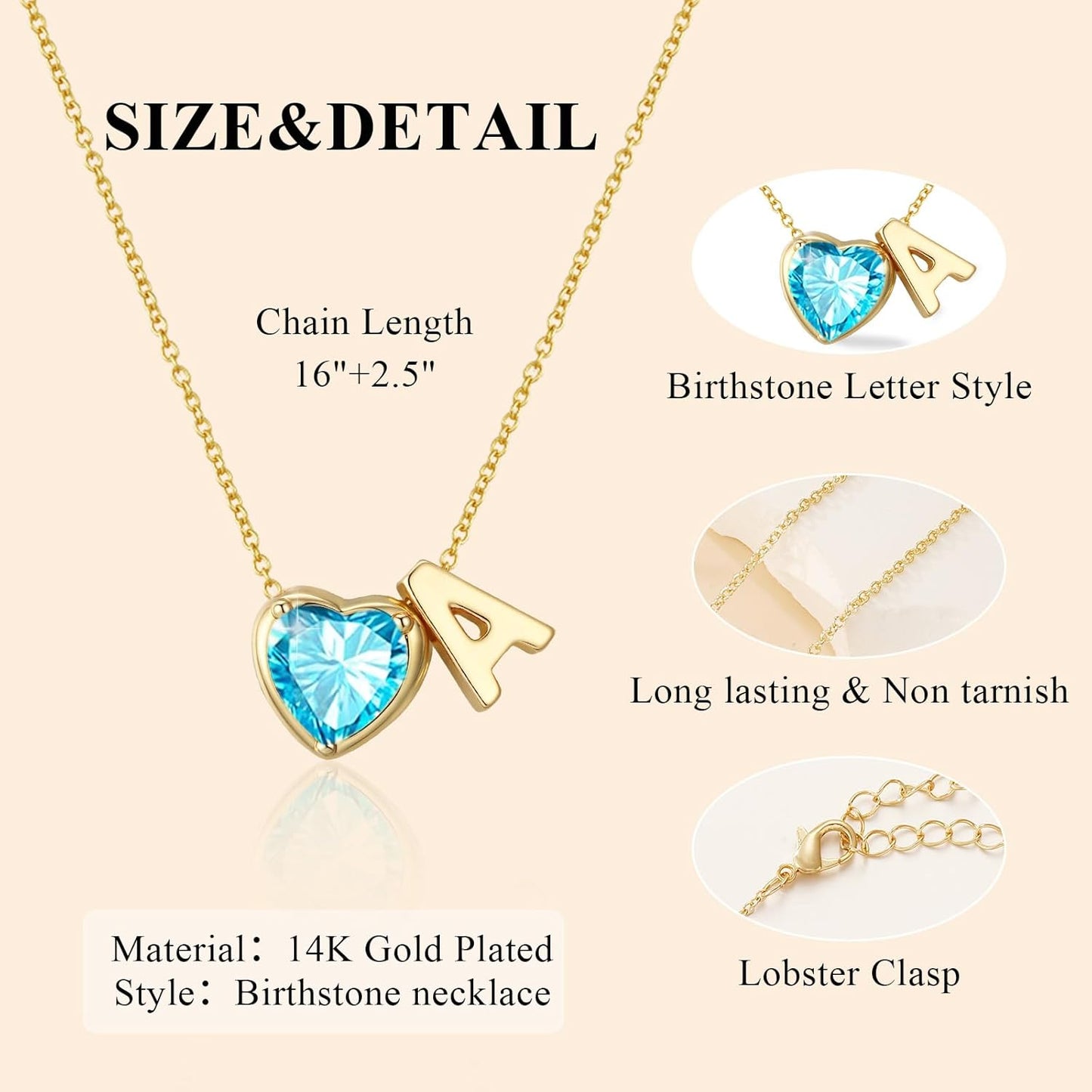 Heart Birthstone Initial Necklace for Women Girls,14K Gold Plated Heart Letter A-Z Necklace Dainty Birthday Trendy Jewelry Gifts for Women Girls Daughter