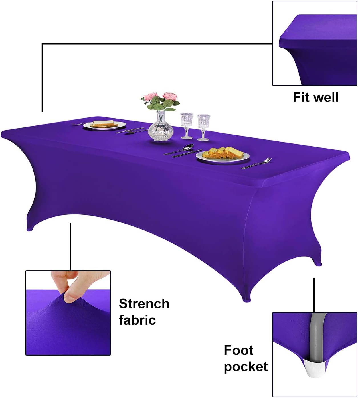 FORLIFE Spandex Table Covers，Fitted Tablecloth for Rectangular Tables, Stretch Patio Table Covers, Universal Spandex Table Cover for Wedding, Banquet, Party (8ft, Purple)