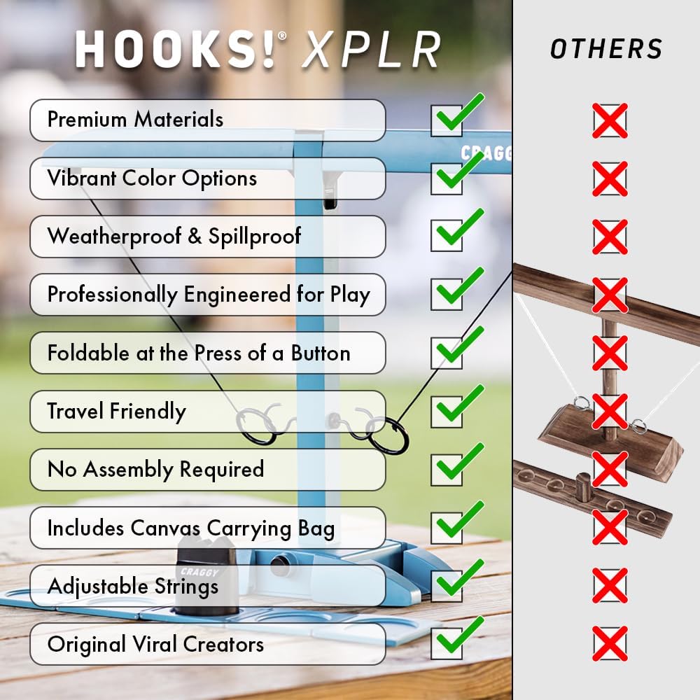 Craggy Games Ring Toss & Shot Ladder Game Hooks XPLR - Portable Aluminum Hook and Ring for Indoor/Outdoor Games - Family Game Night, Party Games, Travel, Multiplayer for Ages 12+