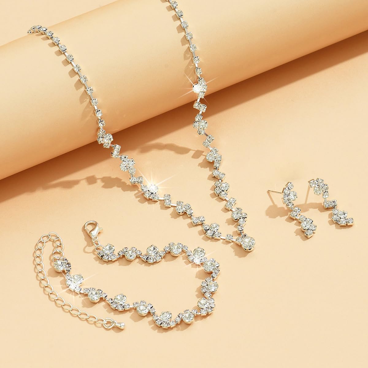 Prom Earrings Necklace Bracelet Set Elegant Crystal Rhinestone Necklace Earrings Bracelet Bridal Wedding Prom Dresses Costume Outfit Gold Jewelry Sets for Women