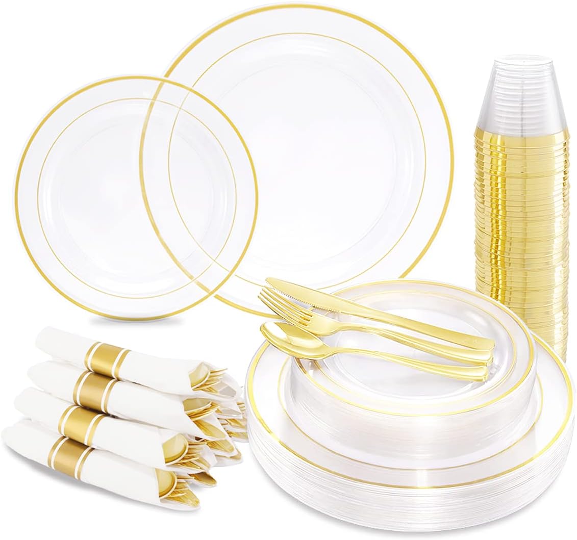I00000 210Pcs Clear Gold Plastic Plates for 30 Guests, Includes: 30 Dinner Plates, 30 Dessert Plates, 30 Gold Cups, 30 Rolled Napkins with Cutlery