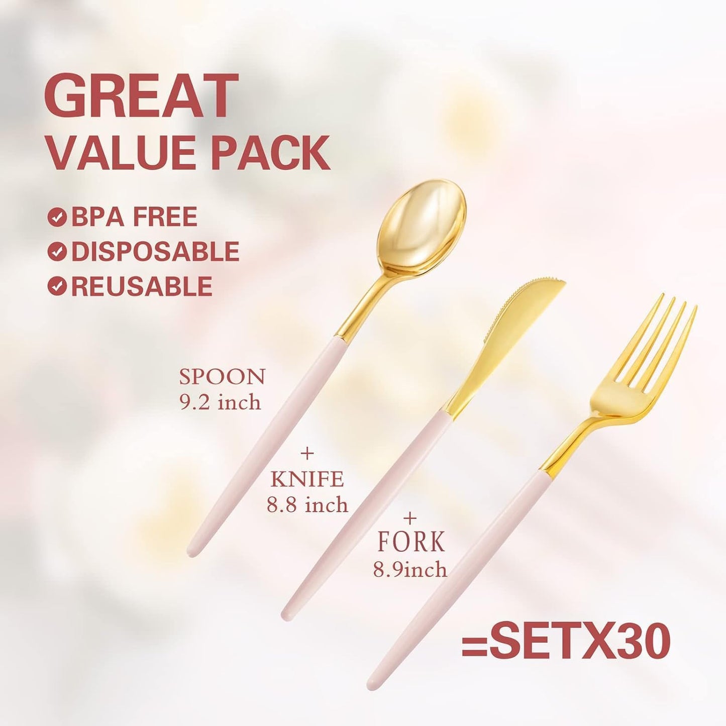 Rubtlamp 90Pcs Gold Plastic Silverware, Thanksgiving Gold Utensils Set With Pink Handles Include 30 Gold Knives, 60Plastic Forks and Spoons, Pink Silverware Heavy Duty For Thanksgiving