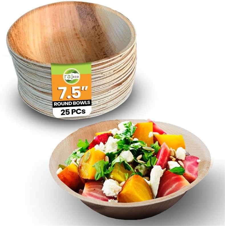 Raj Unique Collection 7.5" Round Bowls (25 Pack) Palm Leaf Bowls Better than Bamboo & Paper Bowl Disposable Bowl, Compostable, Biodegradable, Eco-Friendly Heavy Duty Party Bowl for Wedding & Events