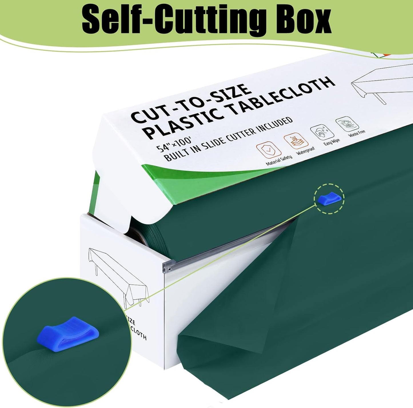 Smiry 54 Inch x 100 Feet Disposable Table Cover Roll, Christmas Green Plastic Table Cloth in Cut-to-Size Box with Slide Cutter, Waterproof Rectangle Tablecloths for Weddings, Banquets, Outdoor
