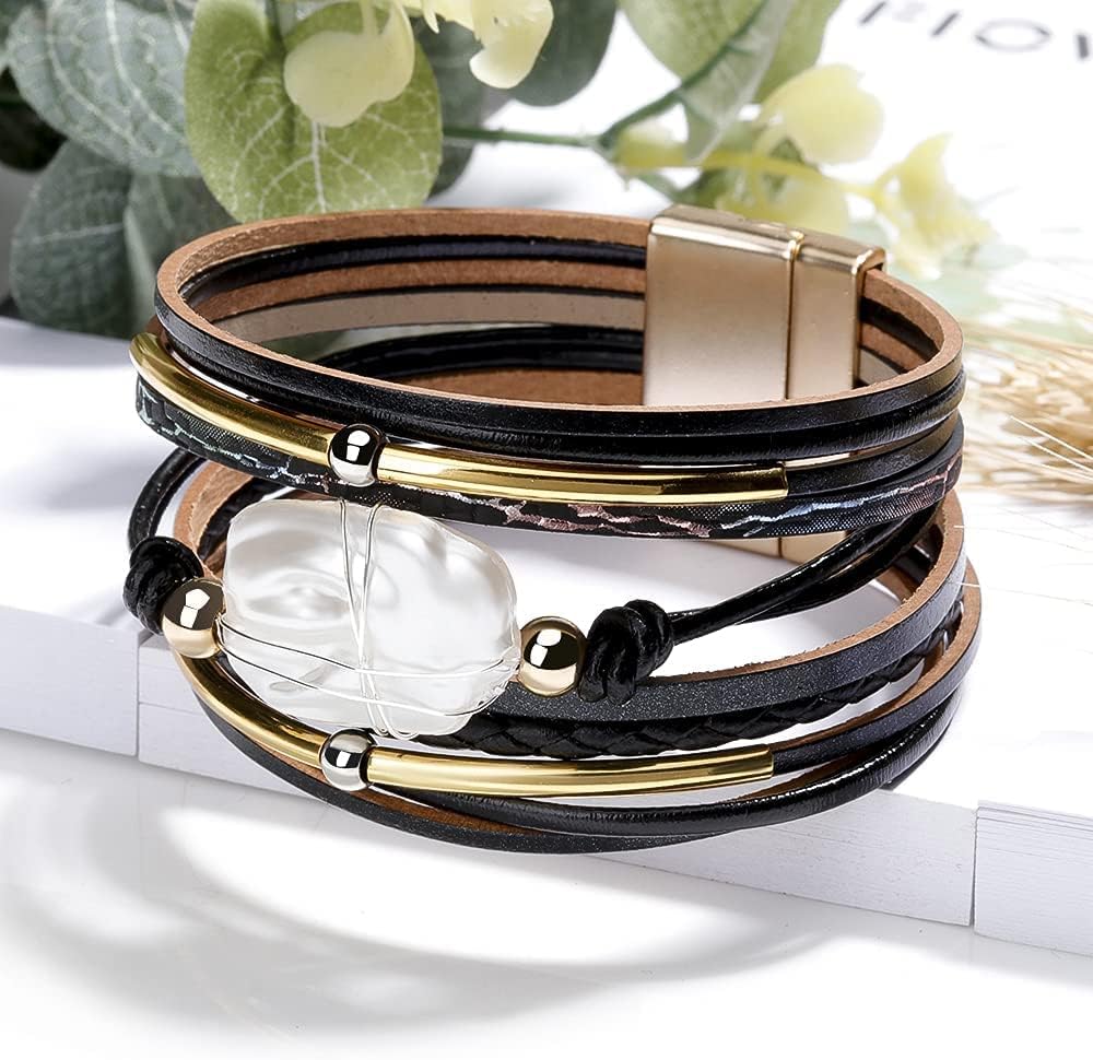 Fesciory Leather Wrap Bracelets for Women, Boho Leopard Multi-Layer Crystal Beads Cuff Bracelet Jewelry