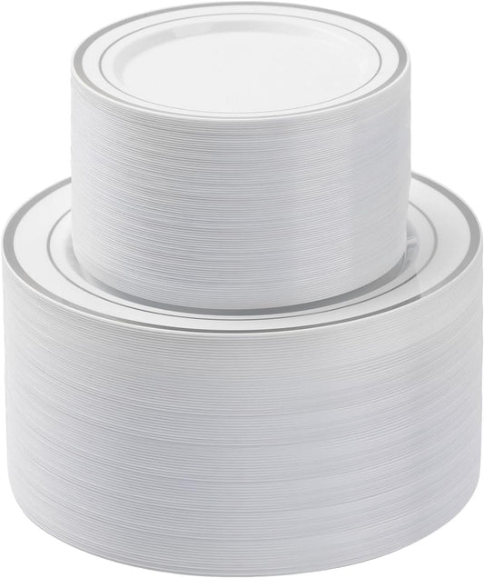 200PCS Silver Plastic Plates Set, 100 10.25 inch Dinner Plates and 100 7.5 inch Dessert Plates, Premium Disposable Plates for Party, Wedding