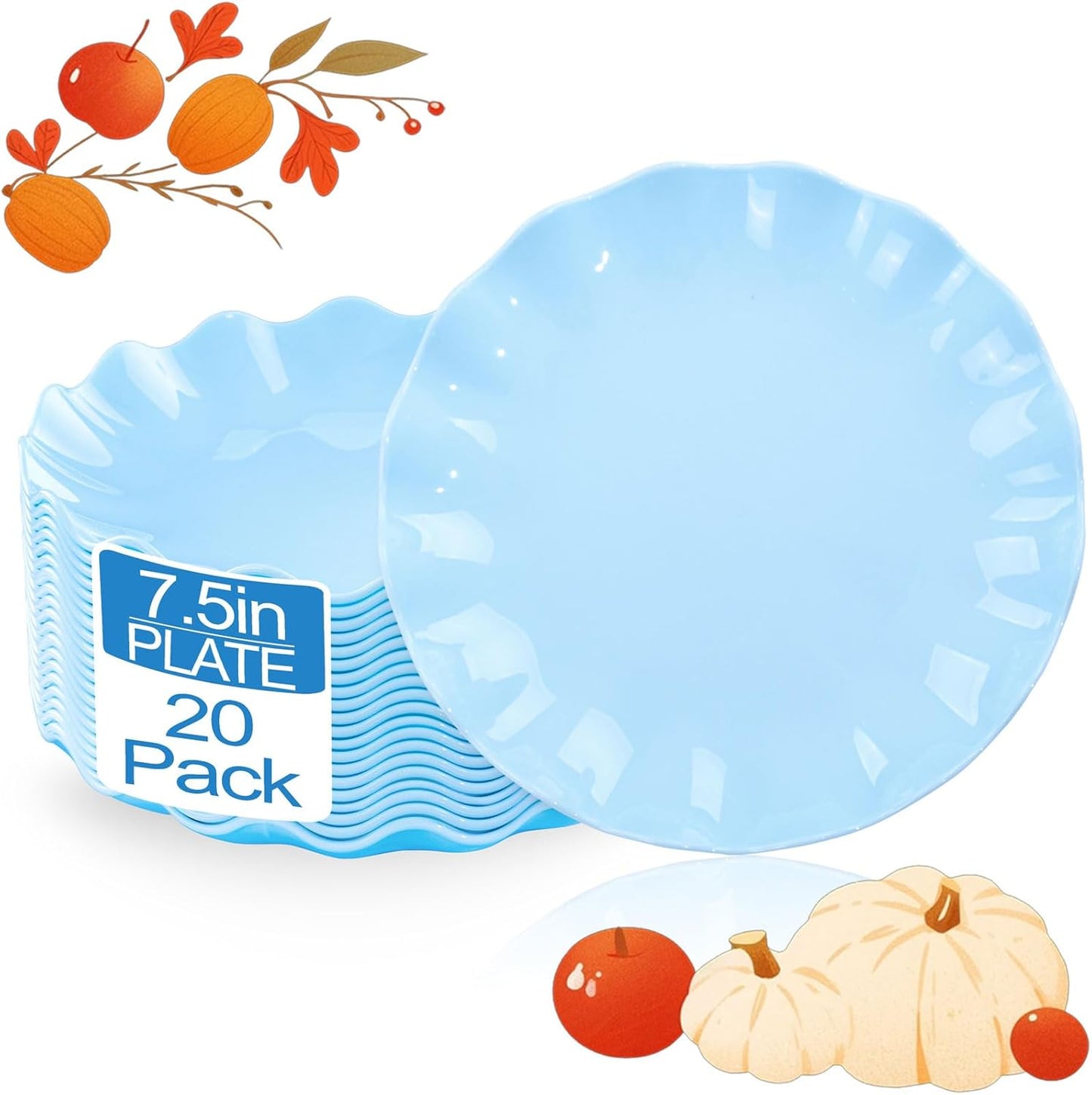 LIYH 20 Pcs Light Blue Plastic Plates Reusable 7.5 Inch - Unbreakable Scalloped Dessert Plates for Weddings Camping Party Outdoor Picnics Dishwasher Safe BPA Free (20Guests)