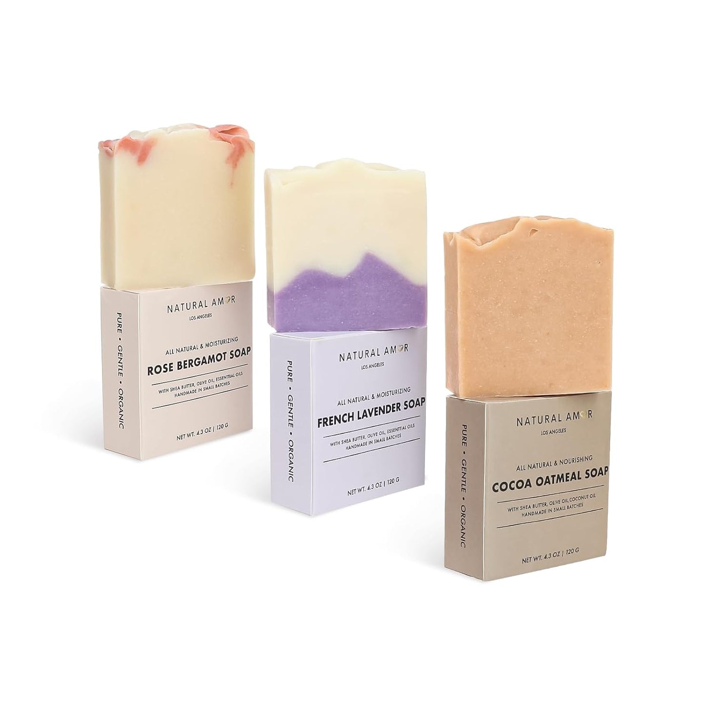 Natural Amor All Natural Handmade Soap Bar, Nourishing 3 pack- Rose Bergamot, Lavender, Unscented Oatmeal Bar Soap, 4.3 OZ each