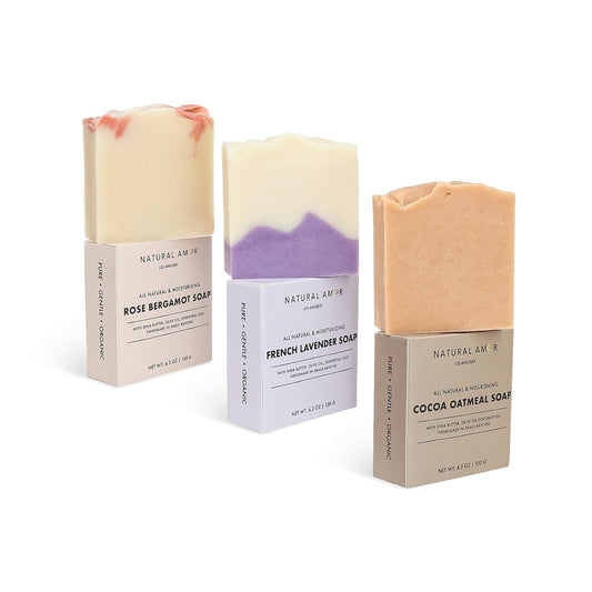 Natural Amor All Natural Handmade Soap Bar, Nourishing 3 pack- Rose Bergamot, Lavender, Unscented Oatmeal Bar Soap, 4.3 OZ each