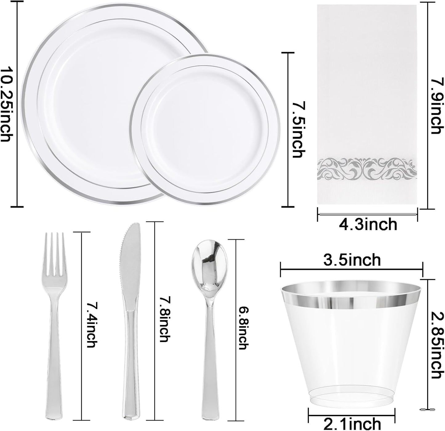 WELLIFE 700 Pieces Silver Plastic Dinnerware Set for 100 Guests - Includes Plates, Cups, Napkins, and Disposable Cutlery - Elegant White & Silver Design, Perfect for Parties and Events