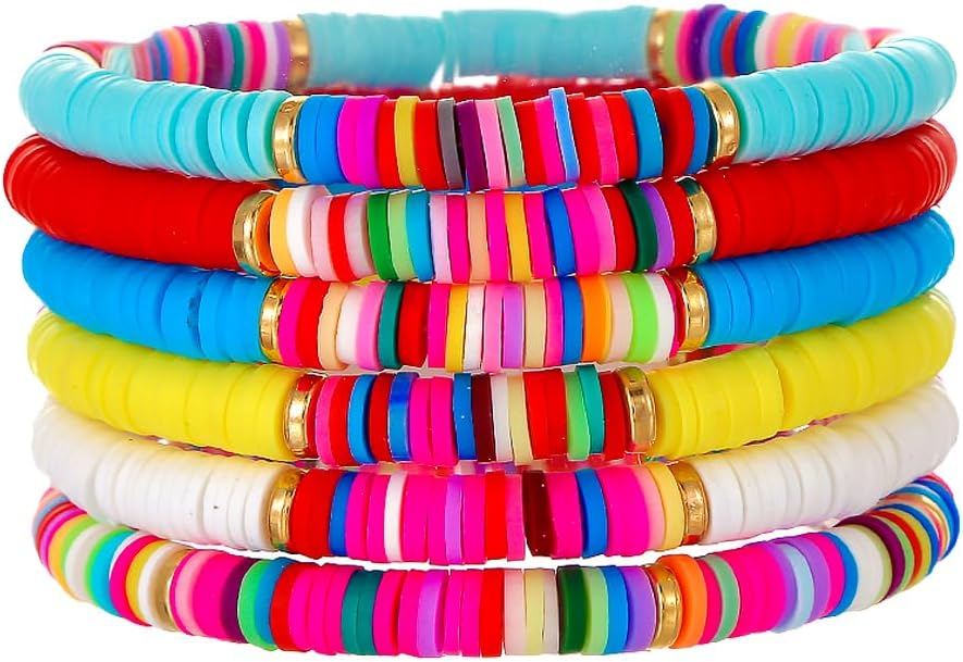 Friendship Bracelets for Women - Heishi Surfer Colorful Smile Evil Eye Clay Beaded Stretch Bracelets Elastic Layering - Stackable Boho Disc Y2K Aesthetic Summer Jewelry Set.