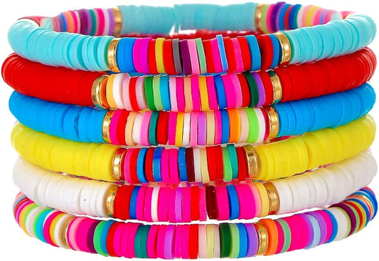 Friendship Bracelets for Women - Heishi Surfer Colorful Smile Evil Eye Clay Beaded Stretch Bracelets Elastic Layering - Stackable Boho Disc Y2K Aesthetic Summer Jewelry Set.