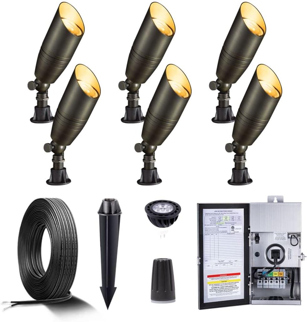 Gardenreet Brass Low Voltage Landscape Spotlights(6 Pack) Kit 12V LED with 150W Low Voltage Transformer and Mechanical Timer and 100 Feet Wire and 30Pack Connectors for Outdoor House Garden Patio