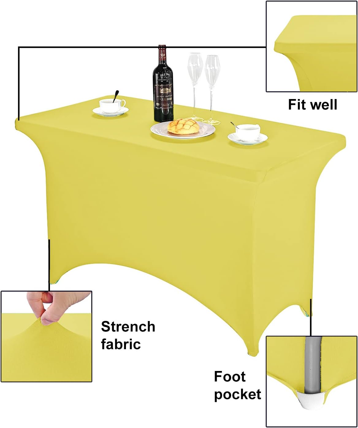 FORLIFE Spandex Table Cover - Fitted 4ft Rectangular Tablecloth, Stretch Patio Cover, Universal for Wedding, Banquet, Party (Yellow)