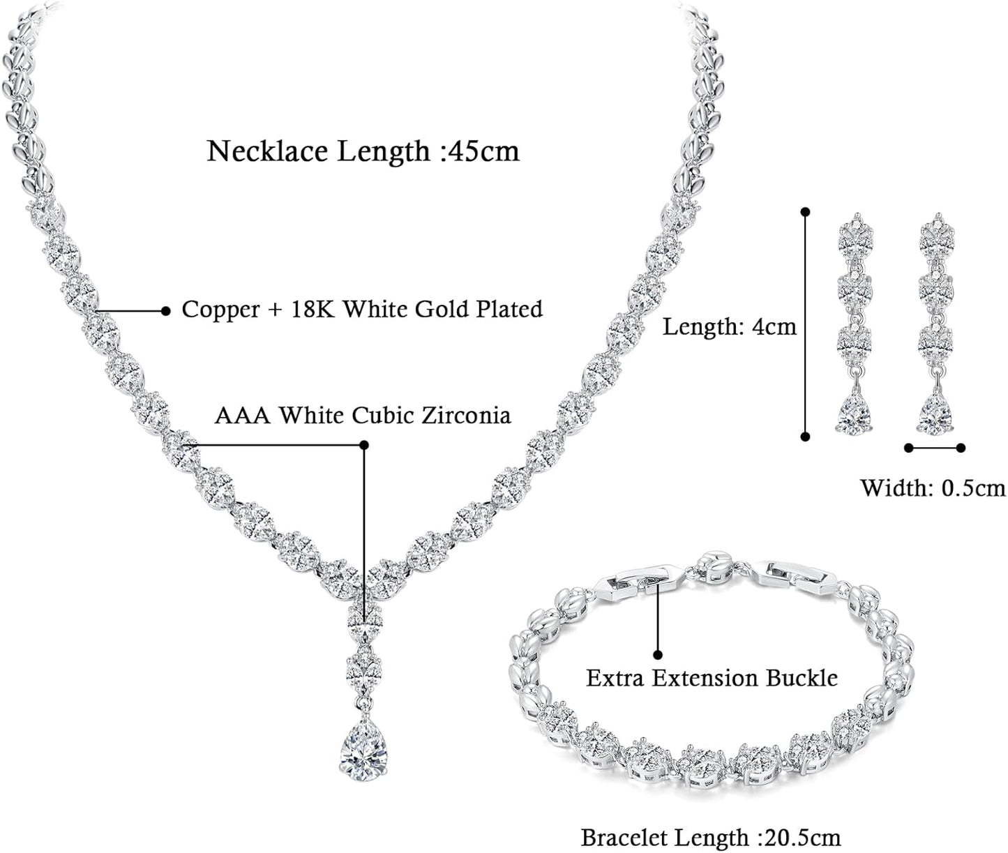 Hadskiss Jewelry Set for Women, Necklace Dangle Earrings Bracelet Set with White AAA Cubic Zirconia, Allergy Free Wedding Party Jewelry for Bridal Bridesmaid