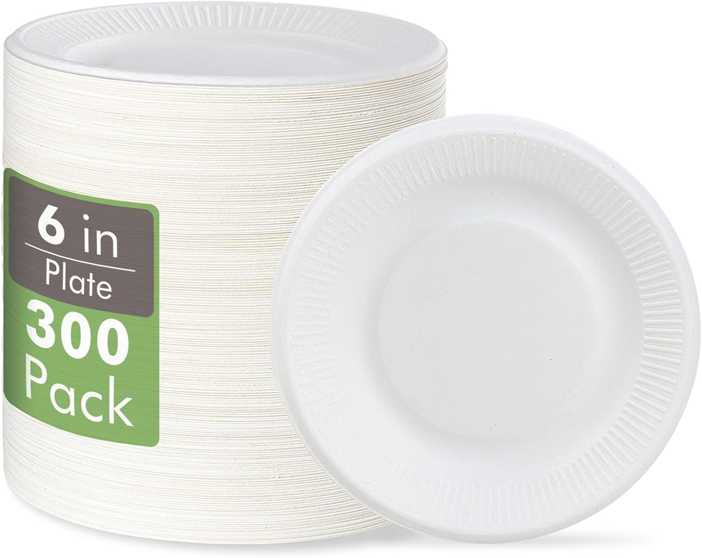 Vplus 100% Compostable Small Paper Plates, 300 Pack 6 Inch Disposable Paper Plates, Uncoated Biodegradable, Made of Sugar Cane Fibers, Perfect for Sandwich, Cake, and Snack