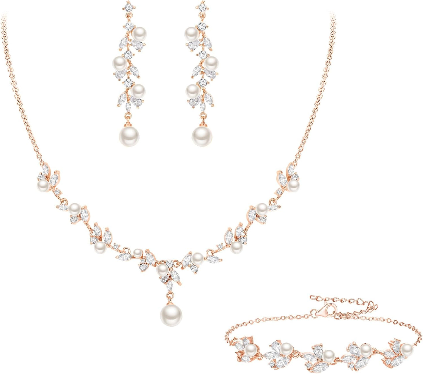 EleQueen Women's Simulated Pearl Wedding Jewelry Set, Cubic Zirconia Marquise Floral Bridal Necklace Earrings Bracelet Sets