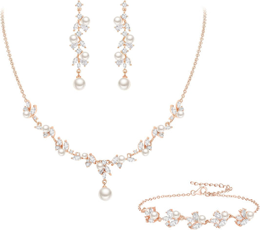EleQueen Women's Simulated Pearl Wedding Jewelry Set, Cubic Zirconia Marquise Floral Bridal Necklace Earrings Bracelet Sets
