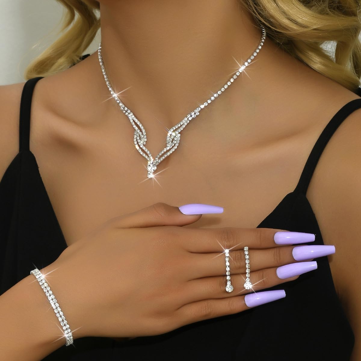 Prom Earrings Necklace Bracelet Set Elegant Crystal Rhinestone Necklace Earrings Bracelet Bridal Wedding Prom Dresses Costume Outfit Gold Jewelry Sets for Women