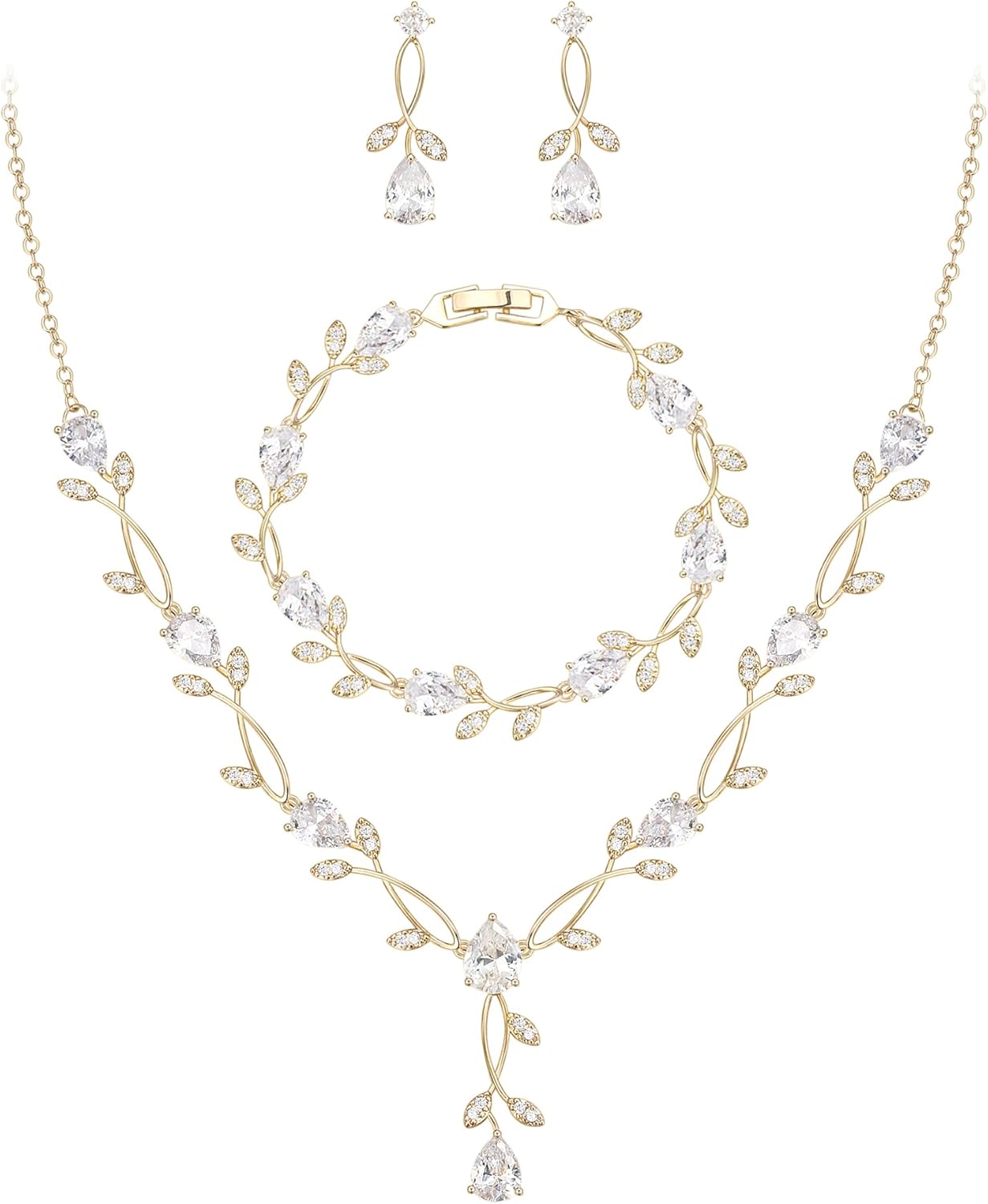 EVER FAITH Bridal Cubic Zirconia Jewelry Sets for Women, White Simulated Pearl Leaf Vine Pendant Wedding Party Necklace Earrings Set for Bridesmaid Bride