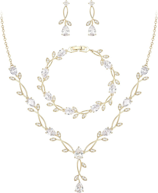 EVER FAITH Bridal Cubic Zirconia Jewelry Sets for Women, White Simulated Pearl Leaf Vine Pendant Wedding Party Necklace Earrings Set for Bridesmaid Bride
